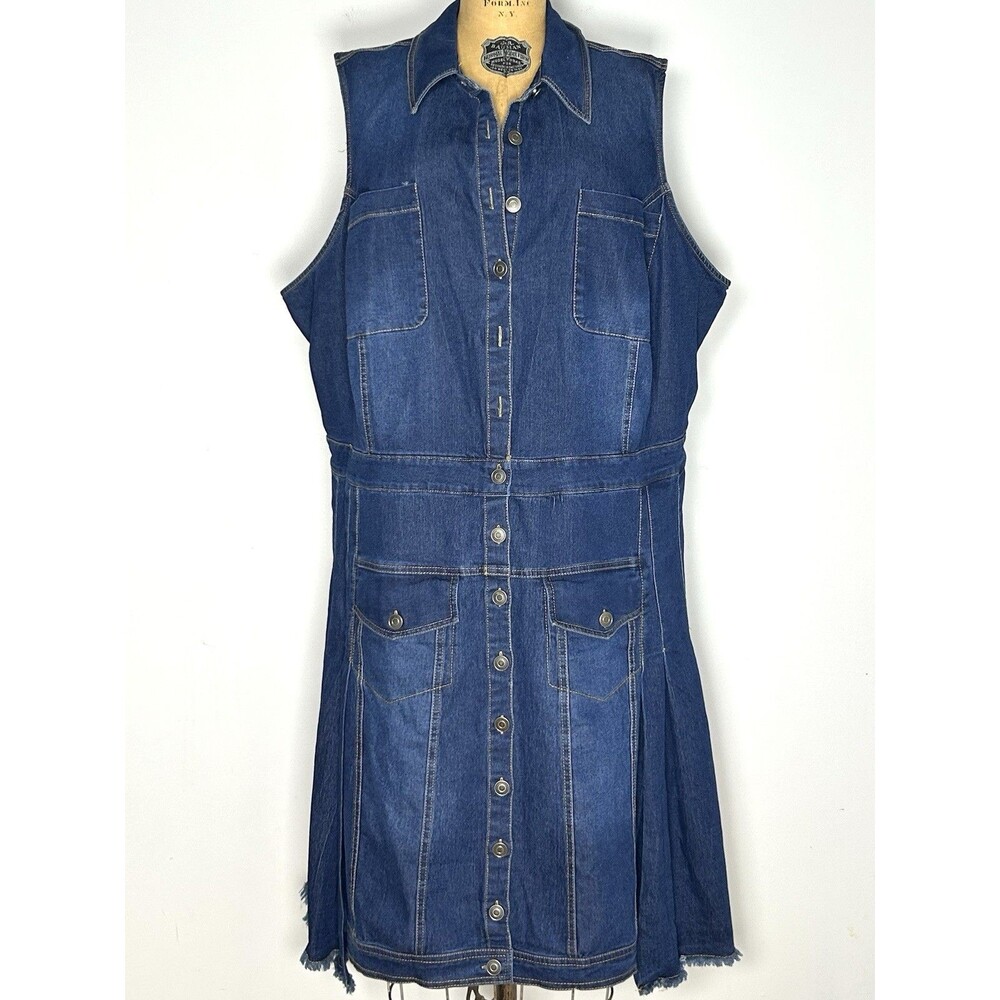 Plus Size Denim Shirt Dress 24 Sleeveless Utility Button Front Raw Hem Midi